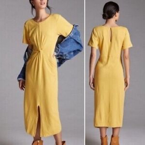 Anthropologie Daily Practice Yellow Twist Front Midi Dress Size M Casual Boho